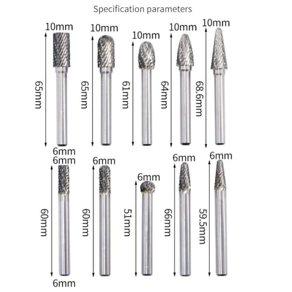 10 stk. Hardmetallgrassett roterende filer Bits Solid Power Tool