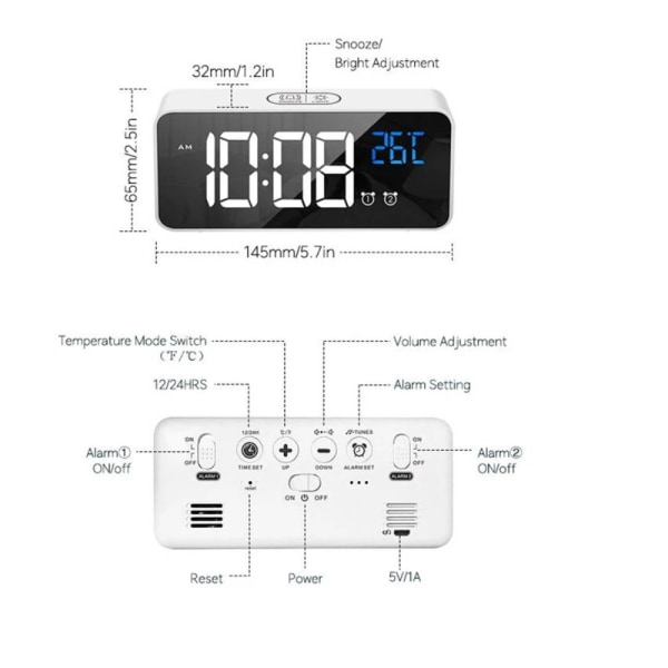 Digital Alarm Bordklokke GRÅ grey