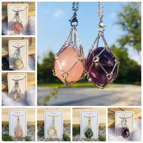 Crystal Holder Cage Necklace Crystal Net Metal Halsband SILVER Silver Rose Quartz-Rose Quartz