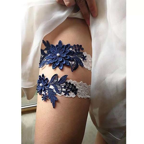 2 ST Spets Blomma Pearl Strumpeband Stretch Strumpeband NAVY navy
