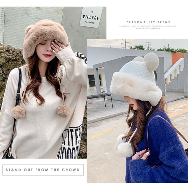 Faux Fur Beanies Hat Strikket Hue LYS KAFFE light coffee