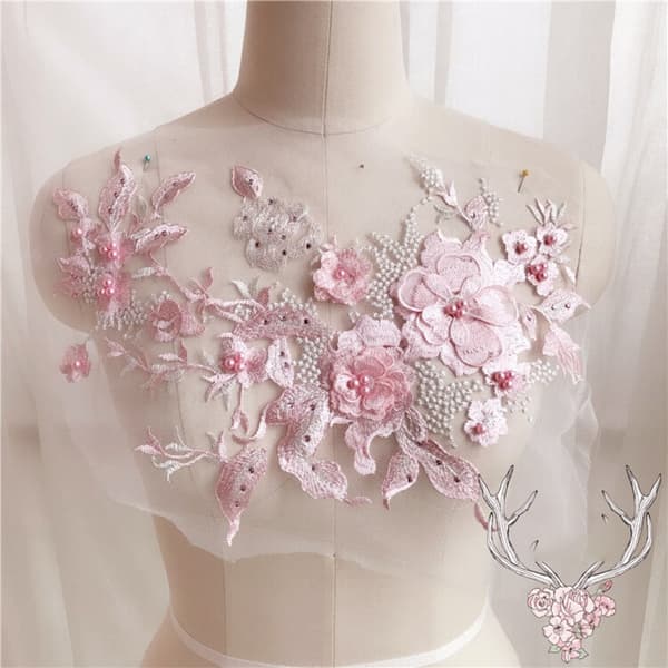 Bröllopsklänning Trim Broderi Tyll Applikation Pärla VIT White