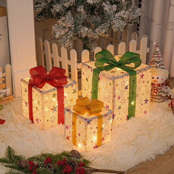 3 stk dekoration oplyste gaveæsker Jul LED lys æske B B B