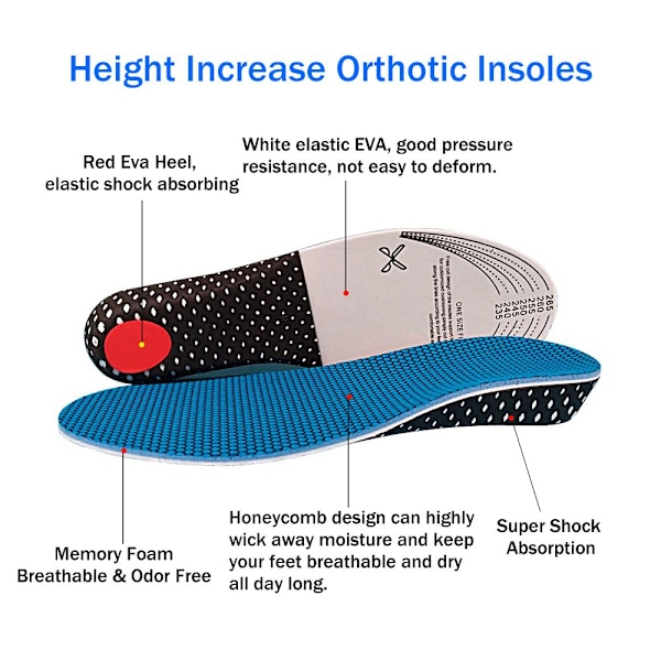 Memory Foam Invisible Height Öka innersulor BLÅ-3CM Blue-3cm