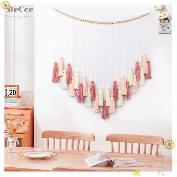 Blush Pink Dusk Vegghengende Vevd Tapestry Wood Bead Fringe