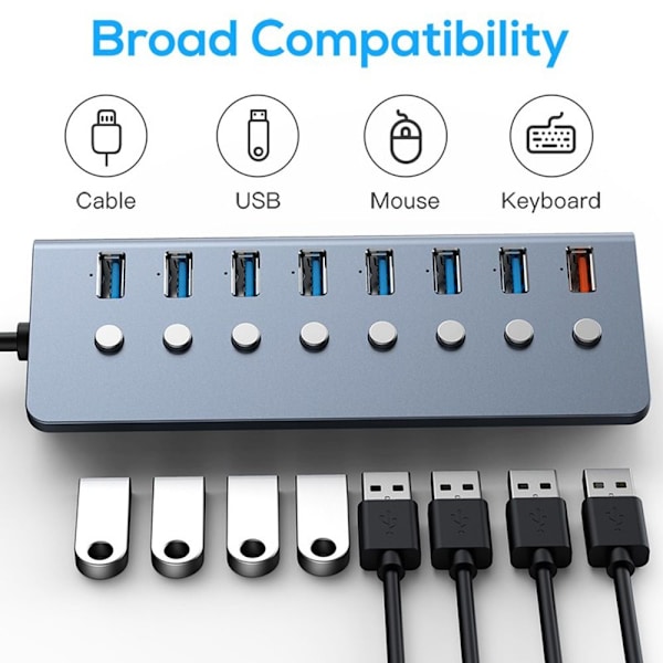 8 portar USB 3.0 Hub-driven USB expanderare med på/av-knappar