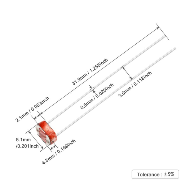 20 kpl 5mm 1ohm valovastus LDR vastus 5528 GL5528