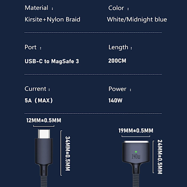 Hurtigladekabel USB Type-C til Magsafe 3 WHITE White