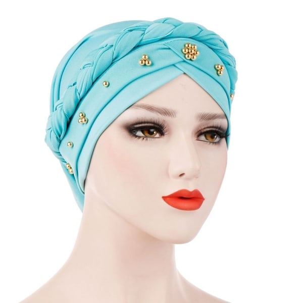 Dame Turban Cap Beaded Hodeskjerf LYS BLÅ light blue