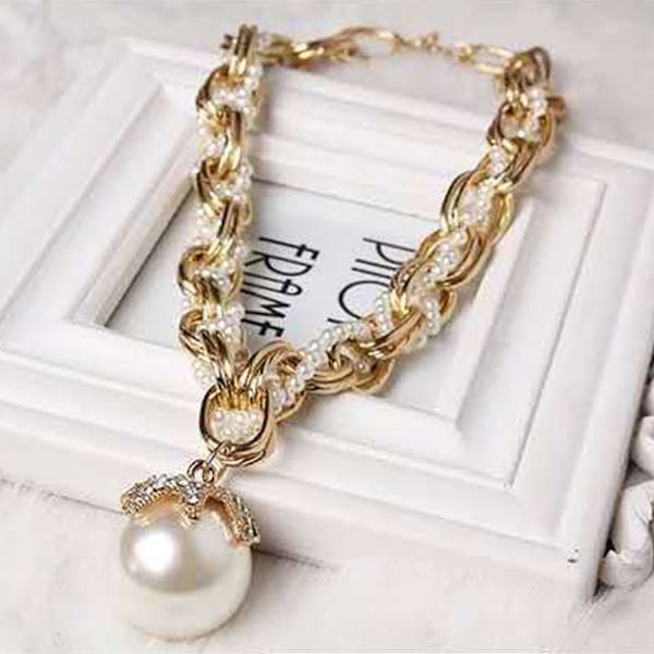 Crystal Dame Pearl Chain Choker Collar GULL Gold
