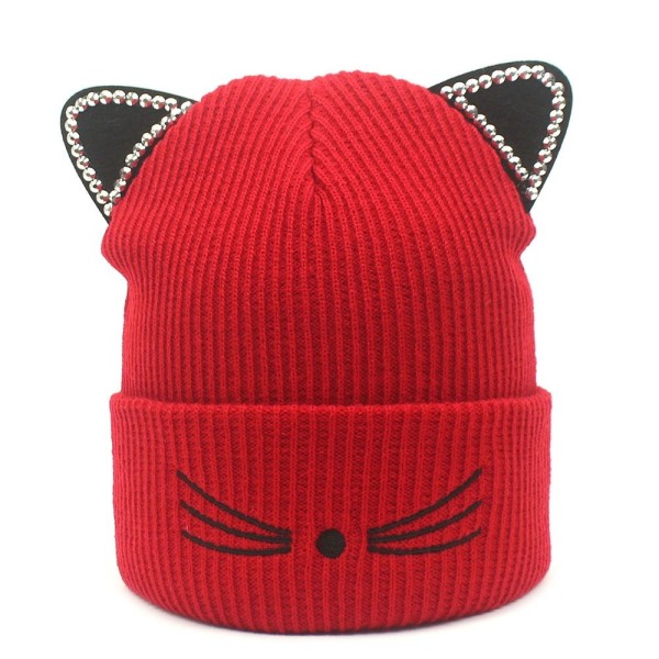 Stickad Cat Skullies Mössa Varm Kvinna Cap RÖD red