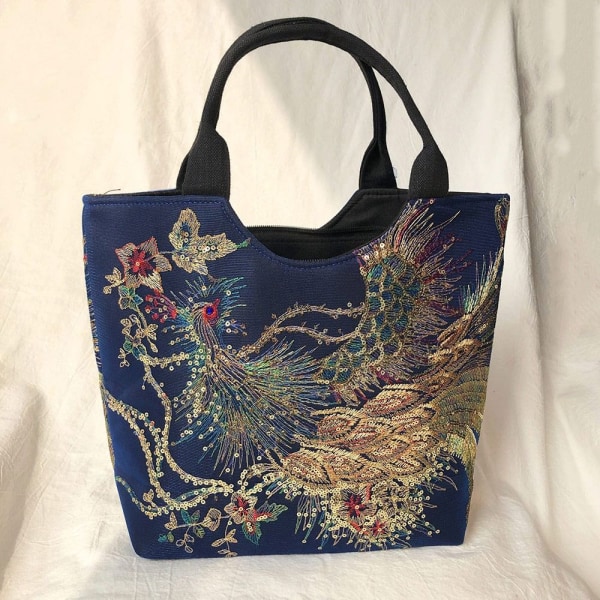 Peacock Brodert Tote Bag Canvas Håndveske RØD NORMAL VERSJON red normal version-normal version