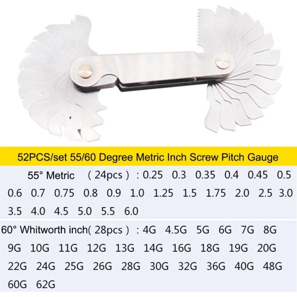 52 STK/sæt Gevindprop Måler Skruestigning 55/60 grader 52PCS/set