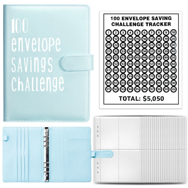 100 Days Envelope Challenge Binder Savings Book BLÅ blue