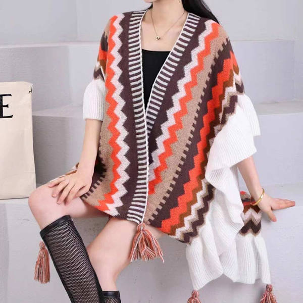 Mongolisk Poncho Cardigan Tofs Sjal KAFFE&ORANGE coffee&orange