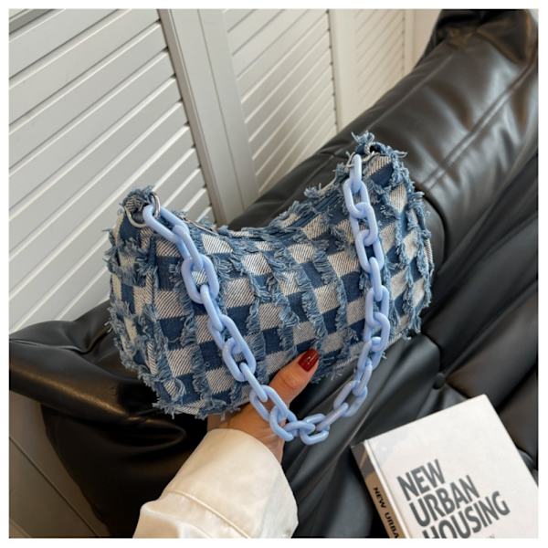 Casual skulder underarm taske Plaid mønster print denim pung Dark Blue