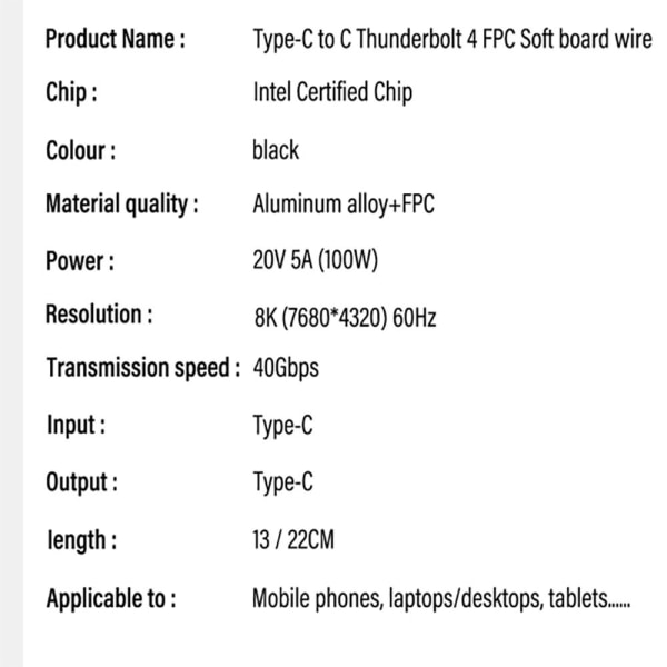 Thunder-bolt 4 USB-C-kaapeli Type C Datajohto 22CM KAAPELI 22CM 22cm Cable