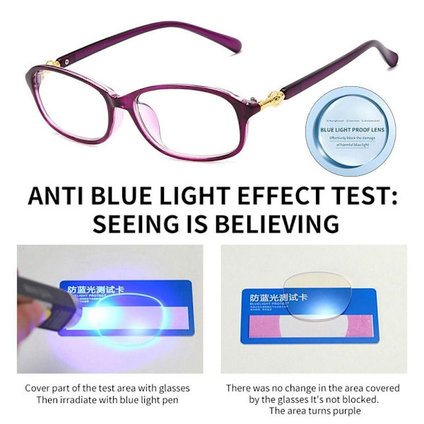 Anti-blått ljus Läsglasögon Fyrkantiga glasögon LILA Purple Strength 100