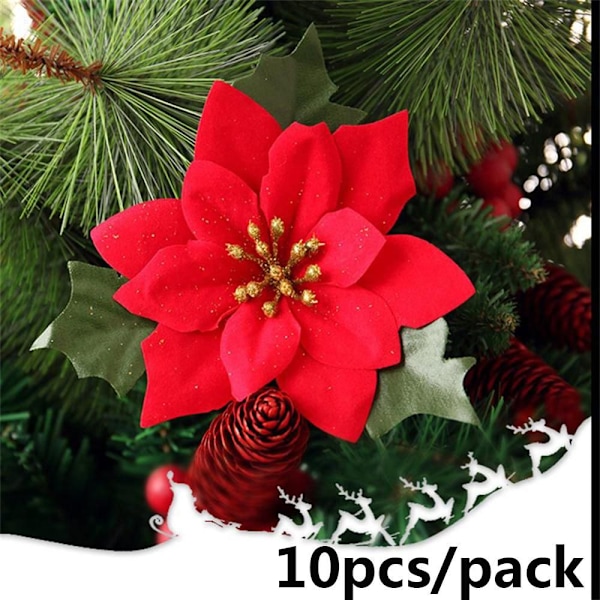 10st 14cm Julgran Blommor Glitter Ornament röd