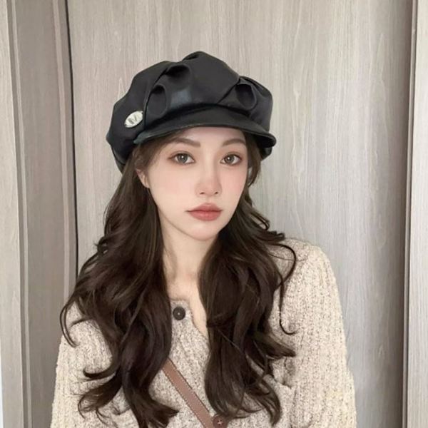 Beret Cap PU Skinn Berets KHAKI Khaki