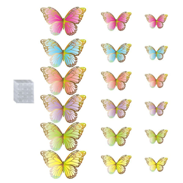 18 STK 3D sommerfugl klistremerker Hule sommerfugler dekaler RAINBOW rainbow gold