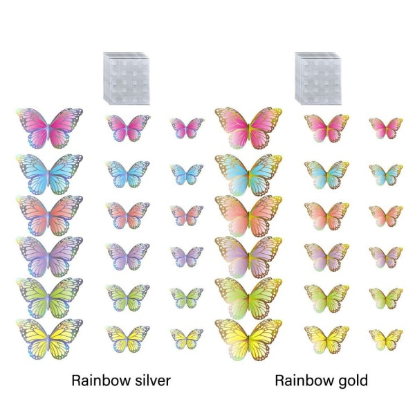 18 STK 3D Butterfly Stickers Hule Sommerfugle Decals RAINBOW rainbow gold