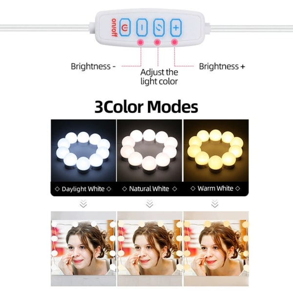 10LED sminkespeil lyspærer Dimbar LED vegglampe forfengelighet