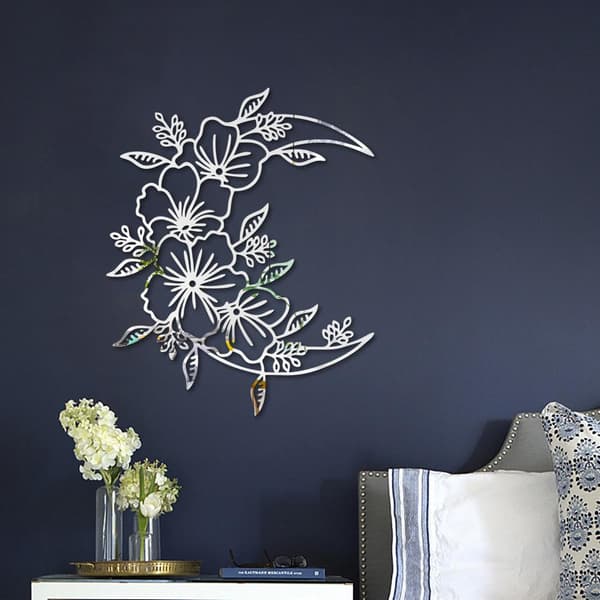Mirror Wall Sticker Moon Flower Sticker SILVER S Silver S