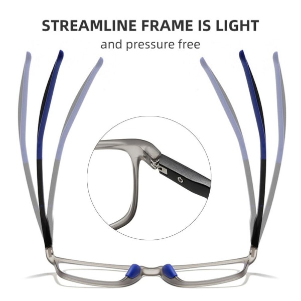 Anti-Blue Light Läsglasögon Fyrkantiga glasögon GRÅ STYRKA Grey Strength 250