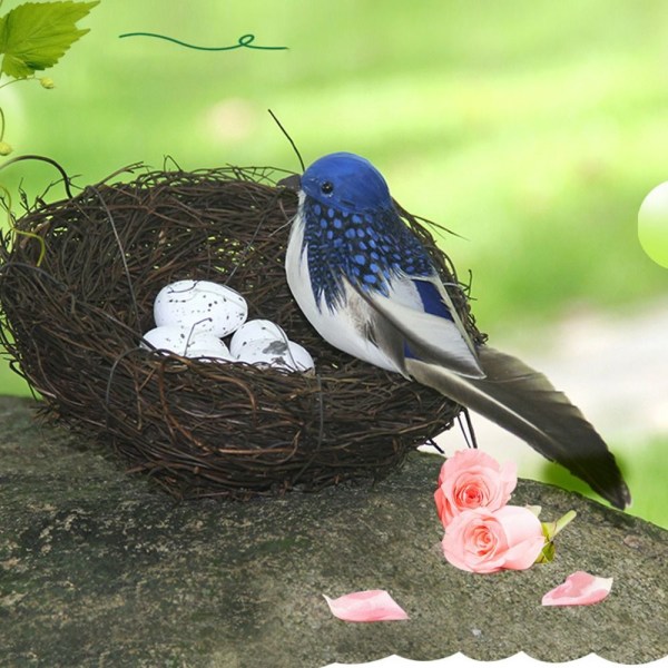 Kunstige fjærkledde Fugler Fugler Egg Nest BLÅ blue