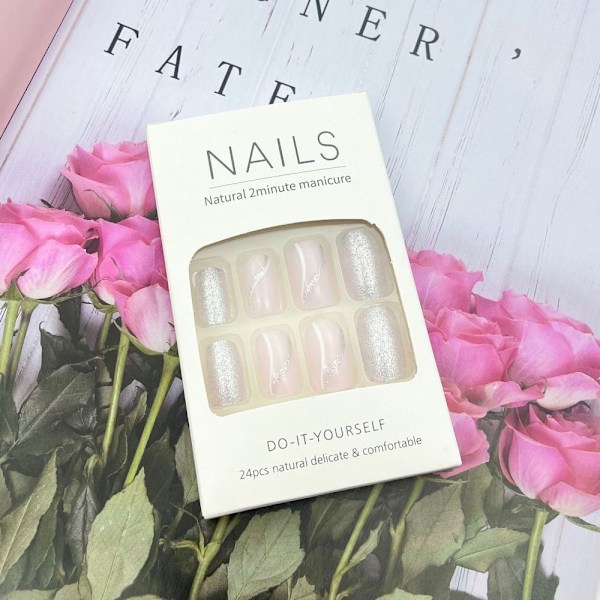 False Nails Long Square Head Silver Pink Line