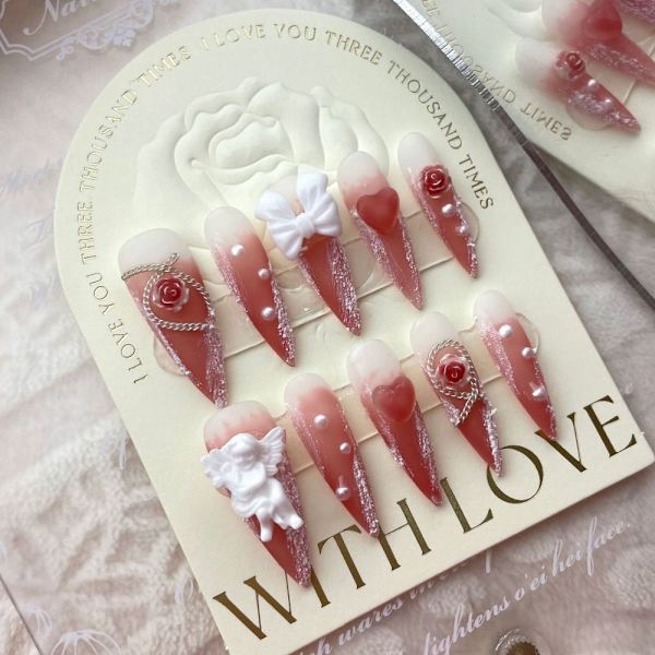 10 kpl Rose Angel käsintehdyt kynnet Pure Manuaalinen tekonaula L L