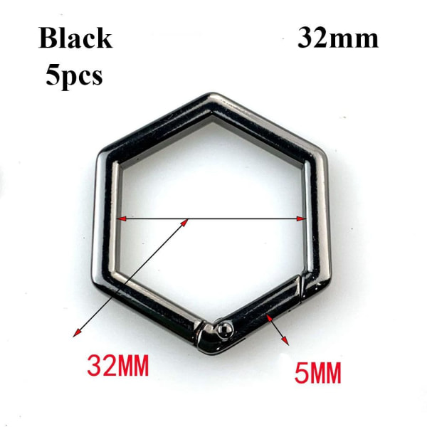 5stk Fjær Hexagon-Ring Spenner Karabin SORT 32MM Black 32mm