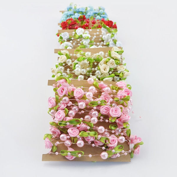 Artificial Rose Flowers Girlander Faux Pearls Beads Chain BEIGE beige