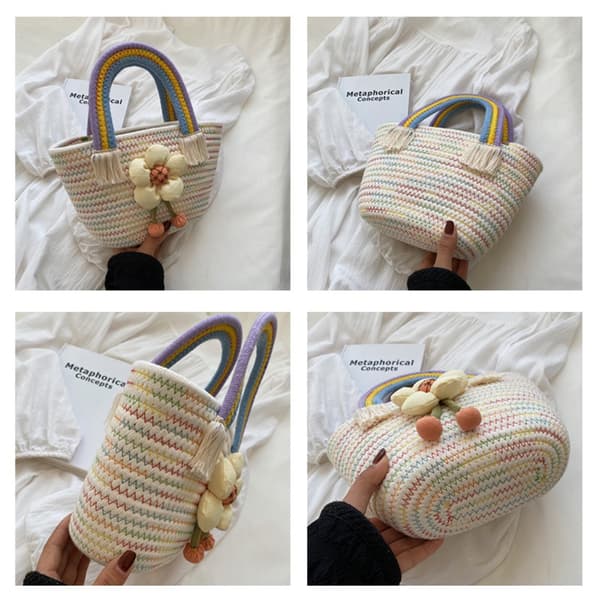 Rainbow Woven Bag Student Handbag BEIGE beige
