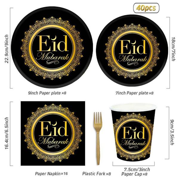 EID Mubarak Engångs Tallrikar, Koppar och Servetter