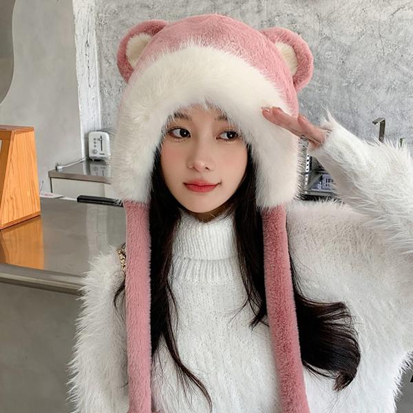 Faux Fur Beanies Hattu Kissa Korva Neulottu Cap MUSTA black