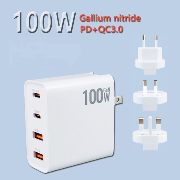 100W GaN Laddare Adapter Dual Typ C QC3.0 USB-A EU-PLUGG