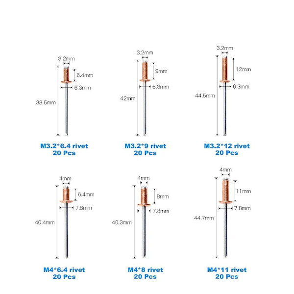 120 kpl Blind Rivets -valikoimasarja Pop-niitit hopea