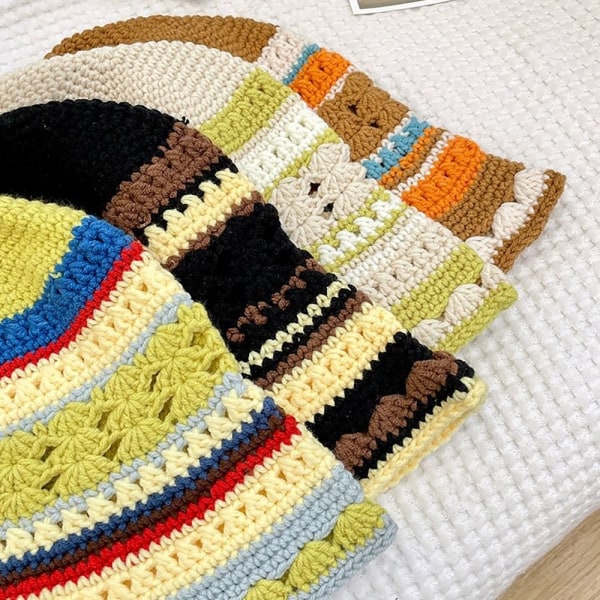 Knitted Bucket Hat Striped Fisherman Hat BEIGE BEIGE