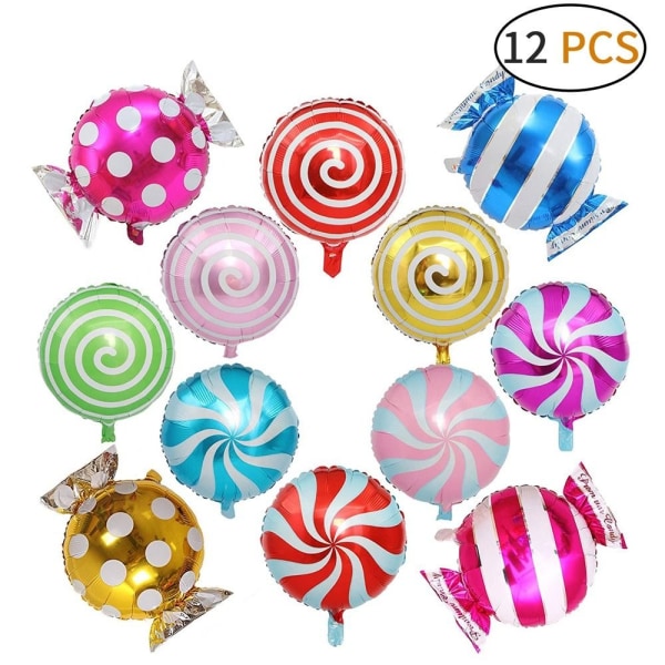12 kpl karkkia ilmapalloja, pyöreitä tikkareita, syntymäpäiväkoristeita 12pcs