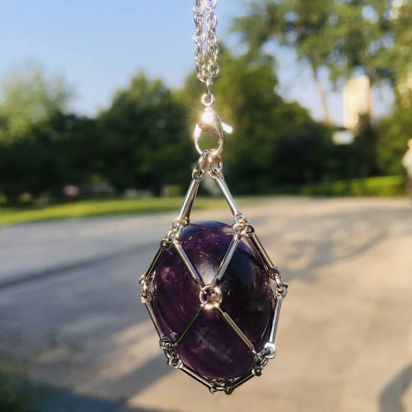 Crystal Holder Cage Necklace Crystal Net Metal Halsband SILVER Silver Amethyst-Amethyst