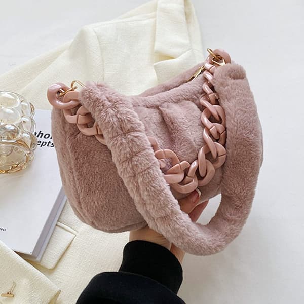 Plysch axelväskor Fluffig handväska KHAKI khaki