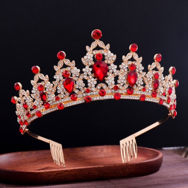 Luksuriøs barokk vintage brudekrone krone tiara RØD Red
