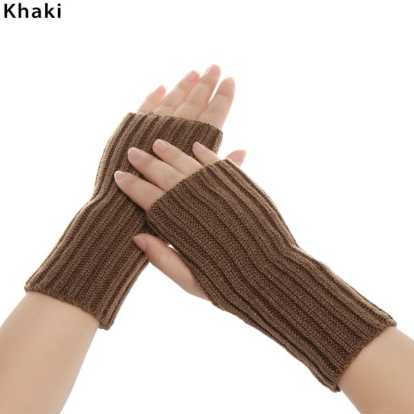 Långstickade handskar Fingerless Vantar Armvärmare KHAKI khaki