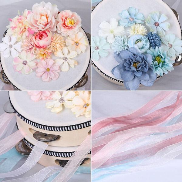 Ribbon Hand Drum Etnisk Dans Performance Prop ROSA&VIT Pink&white