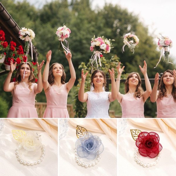 2 STK Bride Wrist Flower Rose Armbånd GRÅ OG BLÅ Grey&Blue