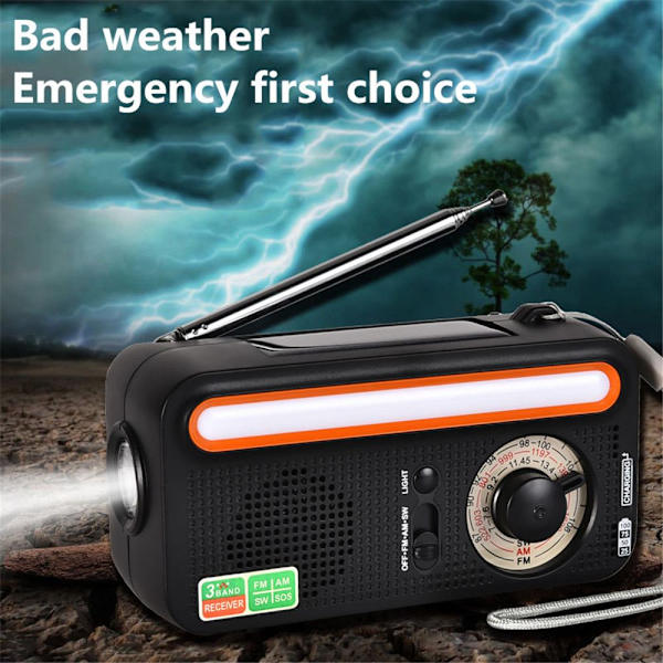 Nödhandvevradio, telefonladdning, campinglampa, SVART