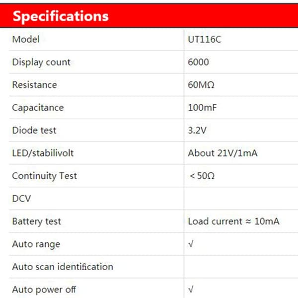 UT116C SMD Tester Handheld Multimeter Pinset Resistance