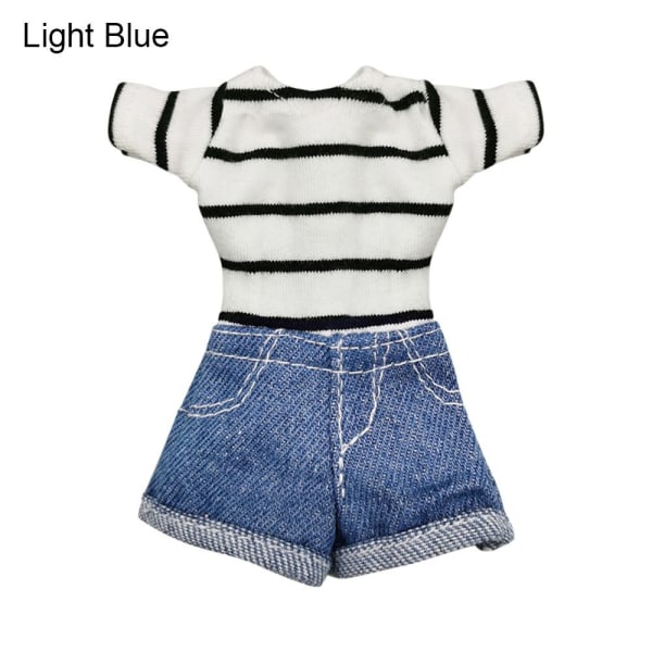 1 Sæt Jeans Bukser Dukke Stripe T-shirt LYSEBLÅ Light Blue